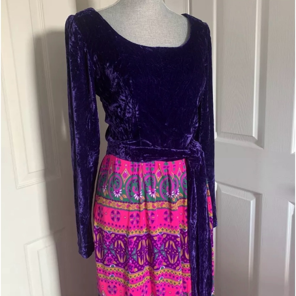 60’s Floor Length Purple Velvet Dress W/ Neon Floral Skirt Handmade Unknown Size